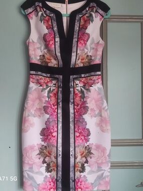 Ted Baker Pink Floral Midi Dress with Black Trim
